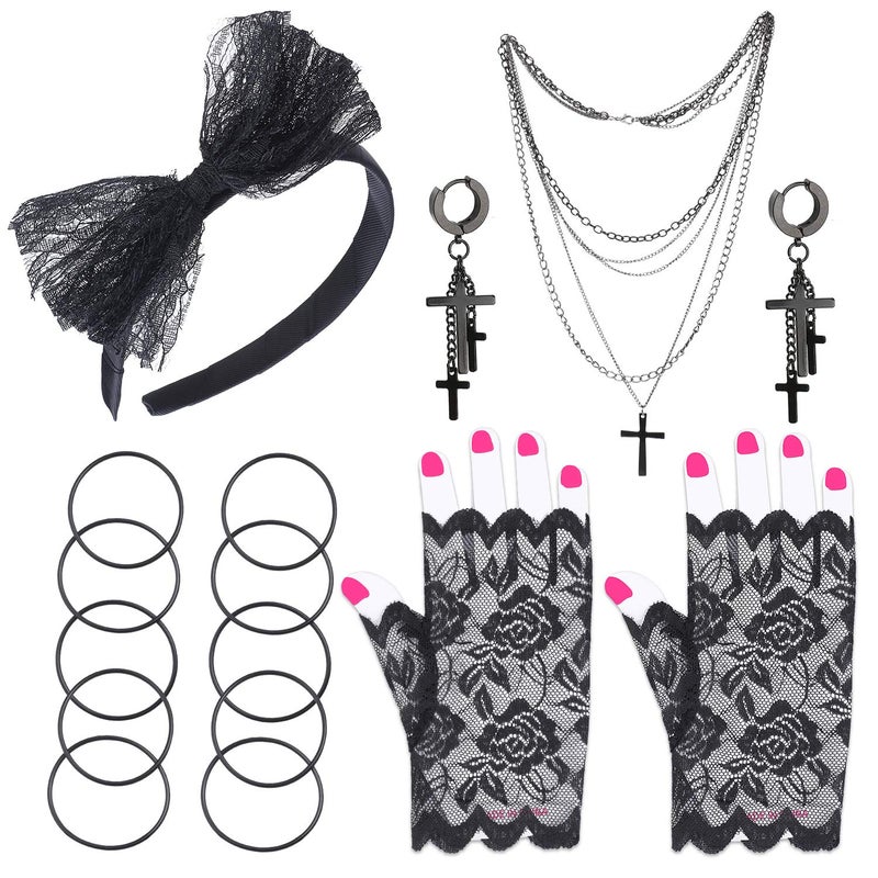 Beelittle 80s Costume Accessories Fishnet/Lace Gloves Headband Earrings Necklace Bracelet for 80s Party Halloween Madonna Outfit Accessories for Women (Black 3) - Image 1